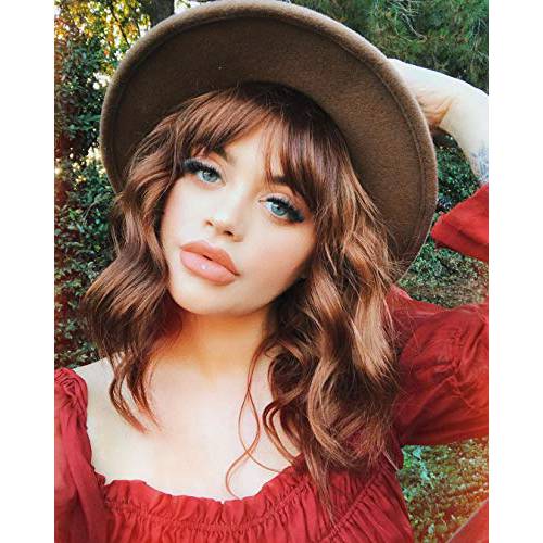 AISI HAIR Synthetic Wavy Curly Bob Wig with Bangs Short Bob Wavy Hair Wigs for Women shoulder length Wigs Synthetic Heat Resistant Gradient blonde Brown to Blonde Ombre Wig (auburn brown)