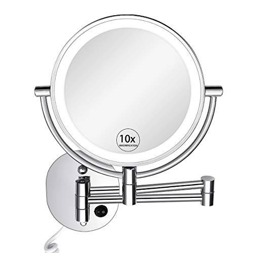 KEDSUM Wall Mounted Makeup Mirror with Lights, 1X /10X Magnifying Mirror, 8 Double-Sided Makeup Mirror with Dimmable 3 Color Lights, Extendable Bathroom Makeup Mirror with Wall Mount, Chrome
