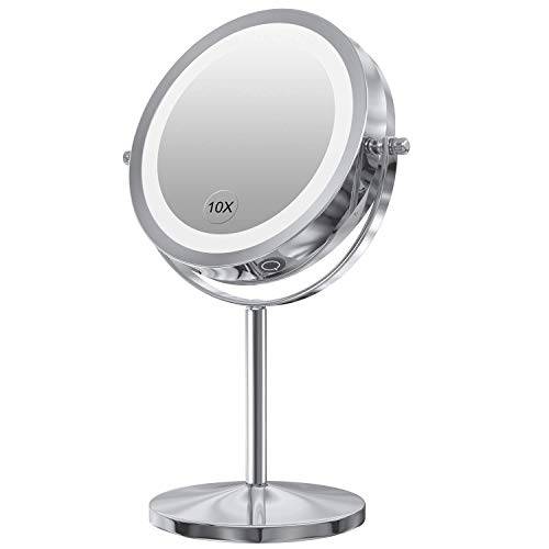 Gospire LED Makeup Mirror 1x/10x Magnifying with Touch Screen Adjustable LED Light, 7 Lighted Vanity Swivel Mirror Double Sided Cosmetic Mirror (Silver-Dimmable Switch)