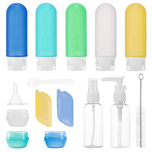 Beveetio 17 Pack Travel Bottles TSA Approved, 3OZ Leakproof Silicone Refillable Travel Size Containers for Toiletries, BPA Free Travel Accessories Tubes Cosmetic Shampoo Lotion Soap (Multicolor)