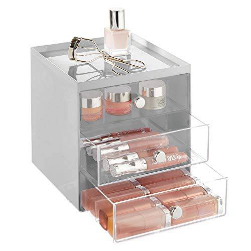 mDesign Plastic Makeup Organizer Storage Station Cube with 3 Drawers for Bathroom Vanity, Cabinet, Countertops - Holds Lip Gloss, Eyeshadow Palettes, Brushes, Blush, Mascara - Gray/Clear