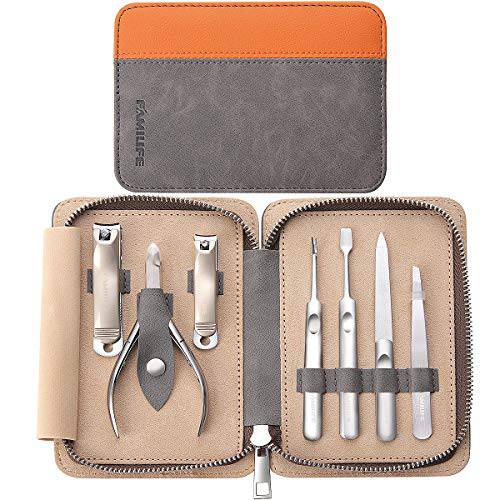 Manicure Set FAMILIFE Gifts for Men Nail Kit Professional Manicure Kit Pedicure Set 7PCS Nail Clipper Set Stainless Steel Nail Clippers Pedicure Kit Mens Grooming Kit Gray Travel Leather Case Portable