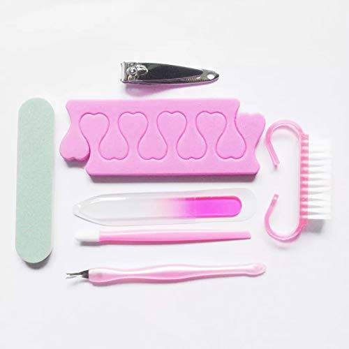 LETB 7Pcs Disposable Pink Color Mini Nail Care Tools Kit of Glass Nail File,Nail Clipper, Toe Separator,Cuticle Pusher Trimmer,Emery Board, Nail Brush Gift Set for Spa&Nail Salon