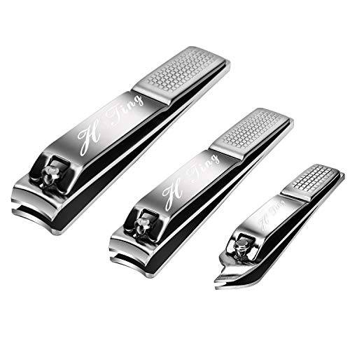 H TING Nail Clippers, Silver Stainless Steel 3 Pcs Nail Clippers Set, Fingernail Clipper &Slant Toenail Clipper Cutters Metal Case, The Best Nail Clipper Gift for Men and Women