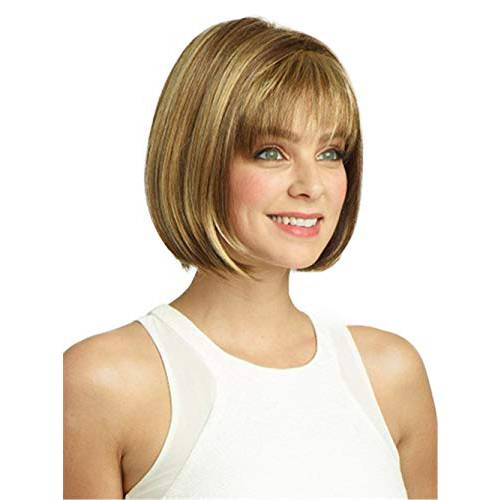 Vvgymmo Short Wigs for White Women, Brown Mixed Blonde Hair Wig with Cute Bangs, Soft Natural Looking Synthetic Full Wigs for Daily Party with a Wig Net P081