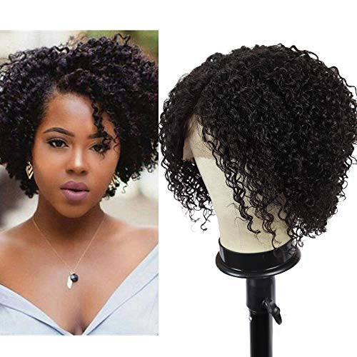 WIGENIUS Short Kinky Curly Human Hair Wigs L Part Lace Front Wigs for Black Women Short Curly Brazilian Human Hair Wigs with Natural Hairline (12inch Black)