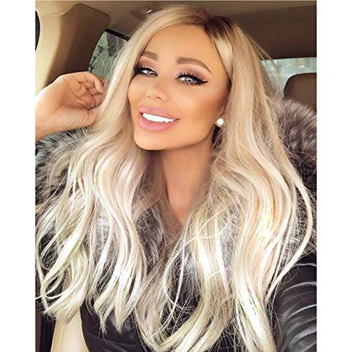 CLOVAD Long Ombre Ash Blonde Wigs for Women, 22 Inch Natural Curly Body Wave Wig, Heat Resistant Synthetic Fiber Hair, Cosplay Hair Replacement Wig for Girl