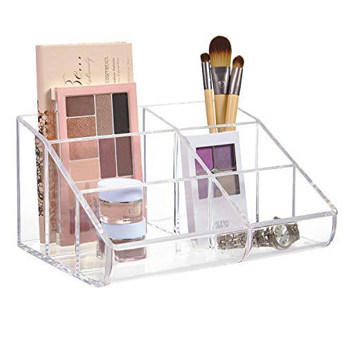 STORi Clear Plastic Vanity Makeup Organizer | 6-Compartment Holder for Brushes, Eyeshadow Palettes, & Beauty Supplies | Curved Front Design | Made in USA