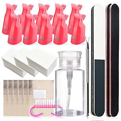 Gel Nail Polish Remover Kit for Acrylic/UV Gel/Soak-Off Polish Removal, Gel Nail Polish Remover Nail Clips with Lint Free Nail Wipes Remover Pads /Acetone Pump Dispenser/Foil Wraps/Pusher/Brush
