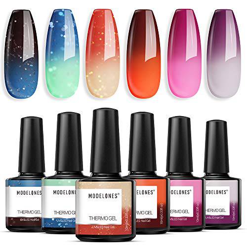 Modelones Color Changing Gel Nail Polish Set 6 Colors, Temperature Mood Changing Summer Nail Gel Kit Pink Glitter Blue Ombre Changed Soak Off Nail Art Long Lasting Manicure DIY Special Gifts for Women 7 ML