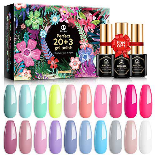 MEFA Gel Nail Polish Set 23 Pcs Spring, Pastel Hot Pink Sage Green Blue Cotton Candy Colors All Seasons Nail Gel Kit with No Wipe Mirror & Matte Top and Base Coat for Starter Soak Off Nail Art Salon Design Manicure with Gift Box