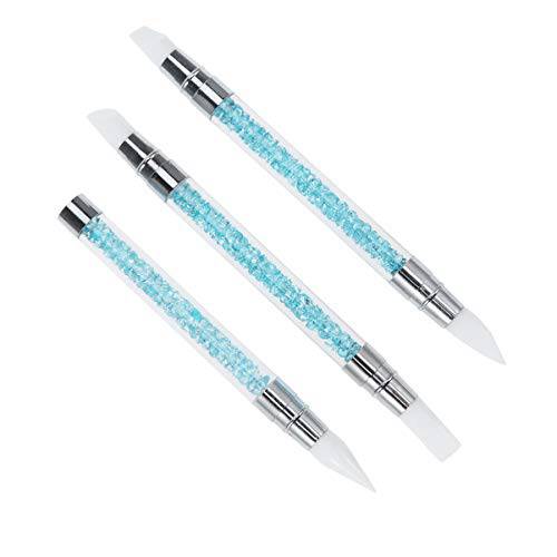 Minkissy 3pcs Nail Art Sculpture Pen Set Silicone Double End Rhinestone Handle Emboss Carving Brush Builder Dotting Manicure Tool for Home Salon (Sky Blue)
