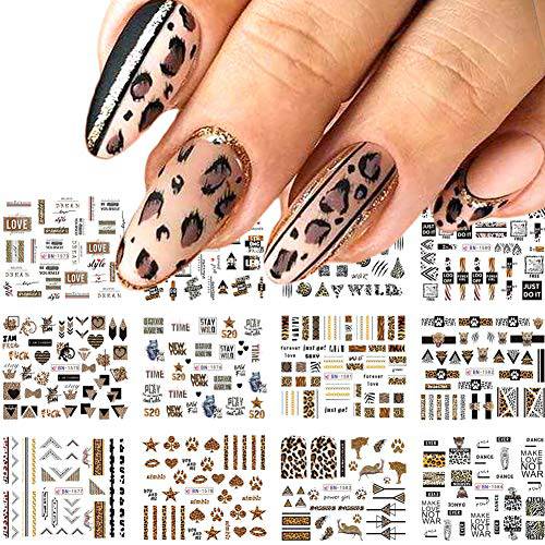 12 Sheets Leopard Print Nail Stickers Foil Nail Art Supplies Water Transfer Nail Decals Geometric Animal Print Nail Art Tips Sticker Nail Decorations Slider Foils Nails Design Supply Manicure Set.