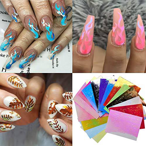 Flame Reflections Nail Stickers – 32 Sheets Self-Adhesive Holographic Fire Flame, Turtle Leaf and Butterfly Nail Art Decals. 3D Vinyls Stencil Foils for DIY Nails Manicure