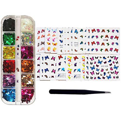 12 Color Butterfly Glitter for Butterfly Nail Art , Mix 30 Sheets Butterfly Nail Decals Stickers, Holographic Nail Decorations Nail Stickers for Women