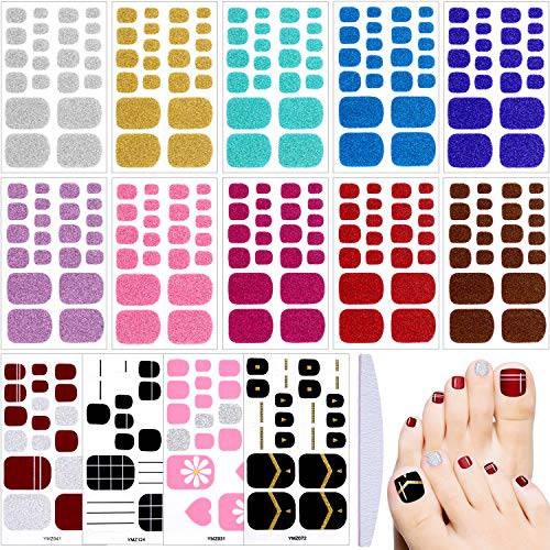 10 Sheets Glitter Toe Nail Wraps Solid Color Nail Art Decals and 4 Sheets Self-Adhesive Toe Nail Polish Stickers with Nail File for Women Girls