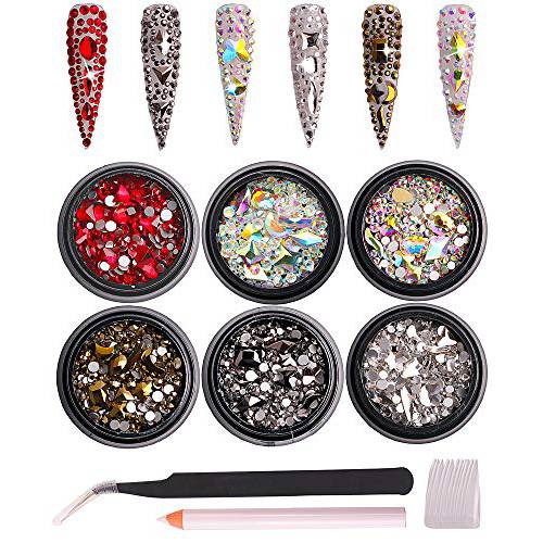 6 Pack Mixed Nail Art Rhinestone Nail Art Decorations Accessories Flat Base Nail Jewelry Glass Rhinestone Crystal Best for Manicure DIY Mobile Phone Shell Jewelry Makeup 3D Decoration
