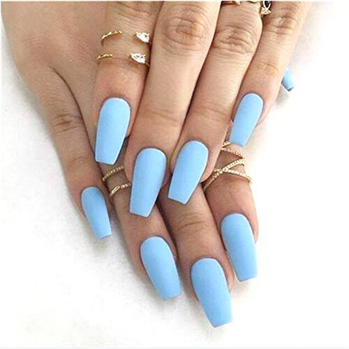 Cathercing 24 Pcs Ballerina Pure Color Matte Coffin Nails Full Cover Medium False Beauty Nails Fake Gel Nails Tips Art for Women Girls Gift Halloween Party (Blue)