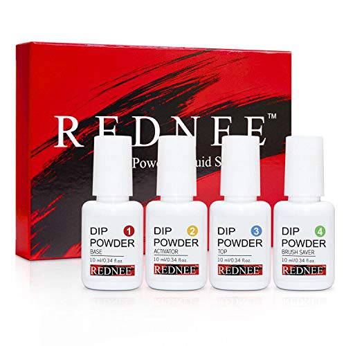 REDNEE Dip Powder Glue Gel Liquid Set 4pcs with Base Top Coat Activator Brush Saver Essentials Kit Steps 1-4 RE00