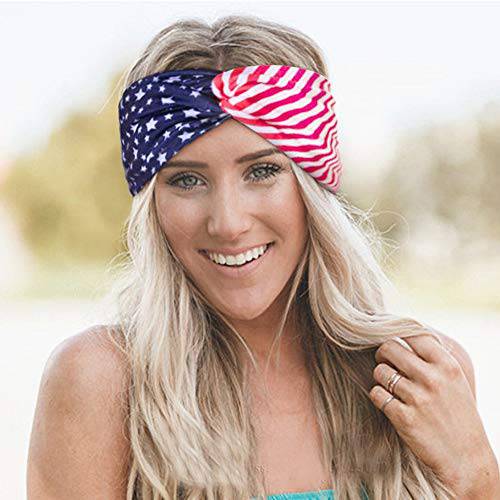 CACASO American Flag Bandana Headband, Red White and Blue Patriotic Head band, USA Flag Head wrap ,Stars and Stripes Cross Headband (Turban), Patriotic Elastic Hair Bands for Independence Day