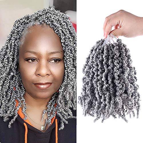 3 Packs Short Grey Curly Spring Pre-twisted Braids Synthetic Crochet Hair Extensions 10 inch 15 strands/pack Ombre Crochet Twist Braids Fiber Fluffy Curly Twist Braiding Hair Bulk (10“ Pre-twisted (pack of 3), Grey)