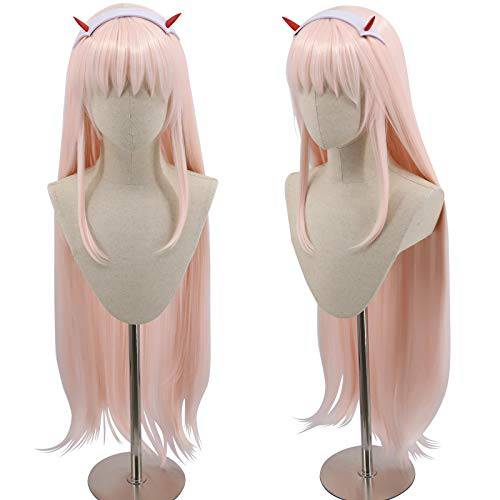 Hulaidywig Long Straight Pink Cosplay Wig + Horn Halloween Party Cosplay Heat Resistant Hair Wigs for Women