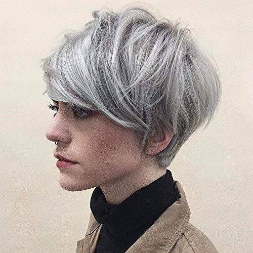Baruisi Grey Wig Short Layered Natural Synthetic Wig with Bangs Heat Resistant Replacement Hair Wig for Women