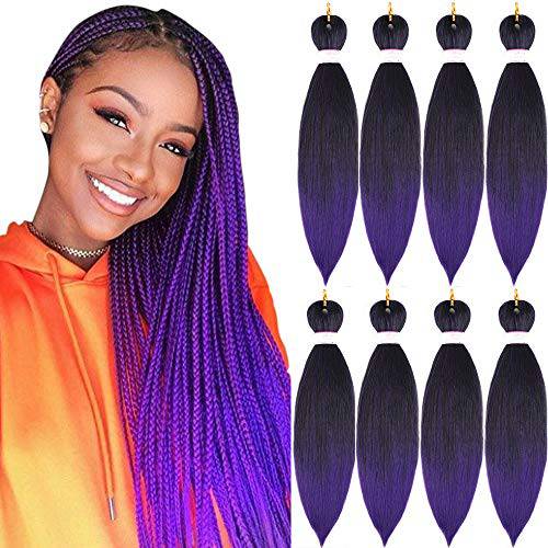 8 Packs Braiding Hair Pre Stretched 24inch Prestretched Crochet Hair Two Tone Black/Purple Pre stretched Synthetic Hair For Human 3X Braids Yaki Straight, Itch Free For Women(24”,Tpurple)