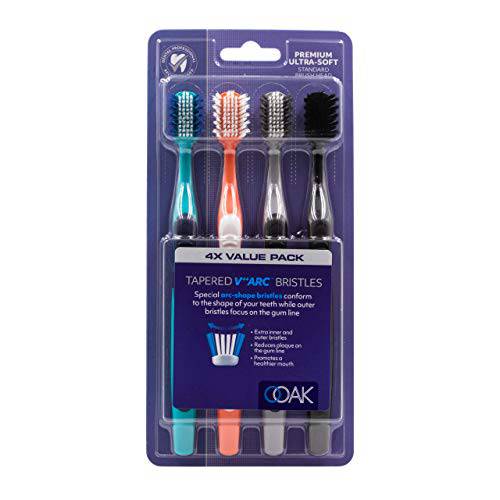 Ooak Toothbrush, Tapered V++Arc Soft Bristles, Standard Brush Head 4 Pack - Multiple Colors
