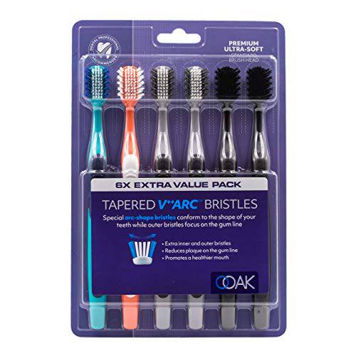 Ooak Toothbrush, Tapered V++Arc Soft Bristles, Standard Brush Head 6 Pack - Multiple Colors