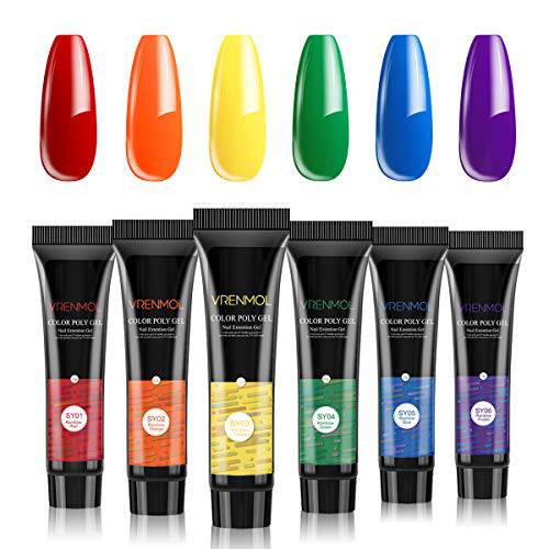 Vrenmol 6 Colors Poly Nails Gel for Nail Art Starter Kit DIY at Home U V/LED Soak Off Fashion Green Red Poly Nail Gel Set