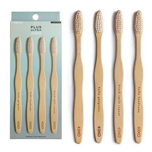 PLUS ULTRA Bamboo Toothbrush - Biodegradable, Eco-Friendly and BPA Free Soft Bristle Toothbrush - Dentist-Approved All-Natural Toothbrush with “Brush Smile Repeat Etched on Toothbrush Handle - 4 Pack