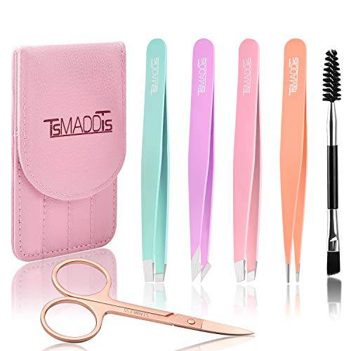Eyebrow Tweezer Set, TsMADDTs 6 Pcs Tweezers Set for Women, Precision Tweezer for Eyebrows with Curved Scissors for Ingrown Hair, Hair Plucking Daily Beauty Tools with Leather Travel Case