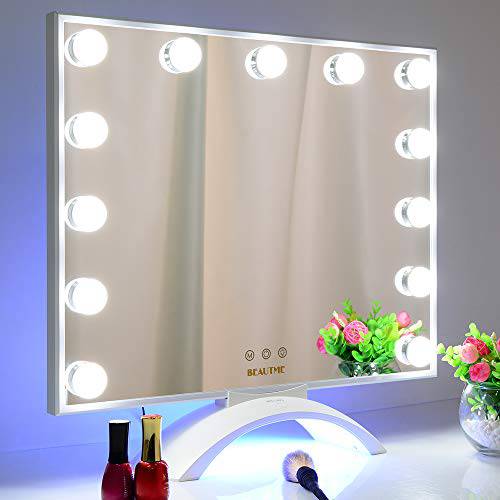 WONSTART Vanity Mirror with Lights, Bedroom Vanity Mirror, Hollywood Lighted Makeup Mirror with Nail Lamp and 13 Dimmable LED Bulbs, 3 Light Colors LED Mirror, Touch Screen (White)