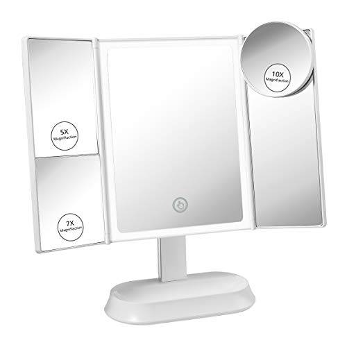 Glam Hobby Makeup Vanity Mirror with Lights, Trifold Mirror with Touch Screen Dimming - 1x 5X 7X Magnification, with Detachable 10X Magnification, Portable Cosmetic Lighted Makeup Mirror (White)