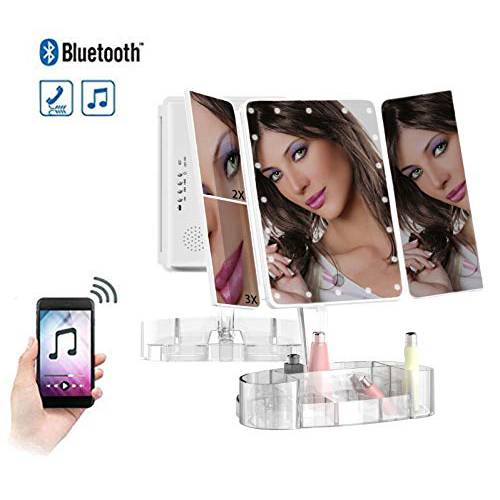 Hansong Makeup Mirror with Lights and Bluetooth - Tri-Fold Vanity Mirror with Magnification (2x/3x/10x), Lighted Mirror with Makeup Organizer Tray,Touch Screen Dimming,Rechargeable