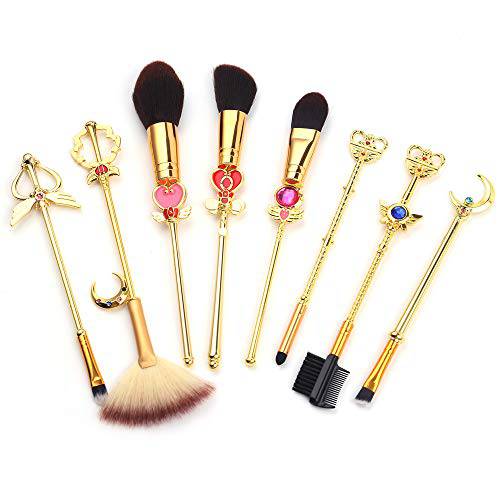 SailorMoon Makeup Brush 8pcs Set With Pouch, Magical Girl Gold/Rose Gold Cardcaptor Sakura Cosmetic Brushes With Cute Pink Bag (193g Gold)
