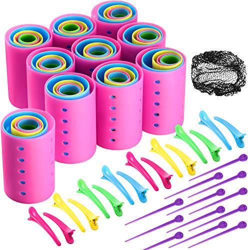 141 Pieces Hair Rollers Set Include 60 Plastic Hair Rollers for Medium Long Short Hair with 60 Pins, 20 Duck Teeth Hair Clips and Hairnet Hairdressing Tool, Random Color (6 Sizes)