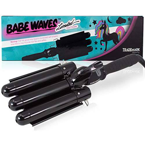 Trademark Beauty Babe Waves 3 Barrel Curling Iron Hair Waver, 1.1 Inch Quick Heat, Adjustable Temperature Hair Curler, Hair Styling Tools, 28mm Limited Edition Ceramic Wand, Black