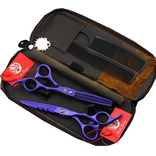 Purple Dragon Professional Japan 440C Hair Salon Cutting Shear and Barber Thinning Scissor Hairdressing Shear Set with Bag