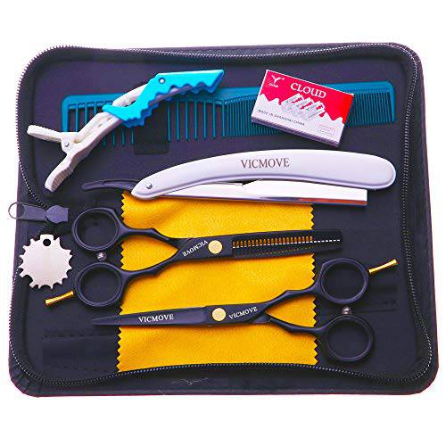 Hair Cutting Shears, 5.5 Professional Stainless Barber Scissors Set for Hairdressing, Thinning, Texturizing, Salon or Home Use - Flat Shears, Tooth Shears, Comb & Hair Clip Included(Black)