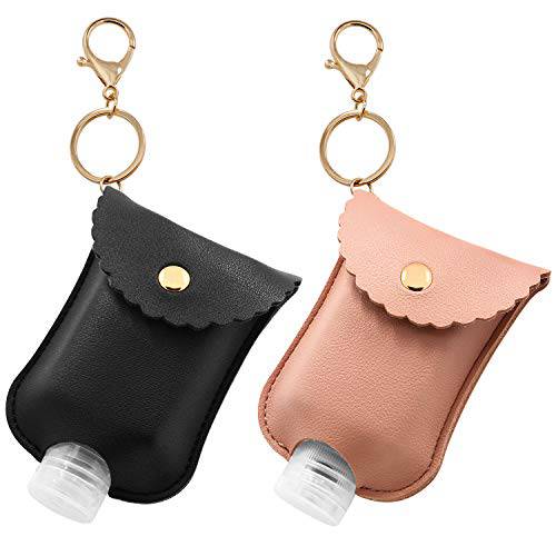 Hzran Portable Squeeze Bottle, Empty Leakproof Plastic Travel Bottle with Leather Keychain Holder for Hand Sanitizer, Essential Oil, Refillable Bottle Clips to Diaper Bag, Travel Bag(2oz 2 pack-Pink)