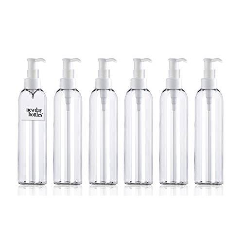 Newday Bottles, Empty Plastic Bottles with Lotion Pump Dispenser BPA-Free Made in USA (6 oz, Lock-up Clear with White Pump Pack of 6)