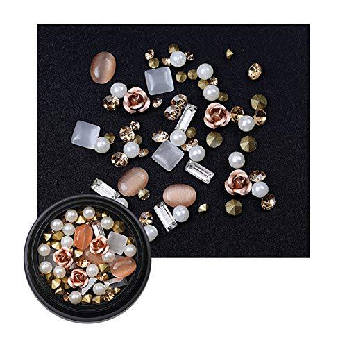 AKOAK 1 Box Nail Art Decorations Mixed 3D Rhinestones Beads Metal Flowers Pearl Beads for DIY Design Manicure (Champagne)