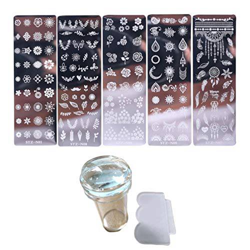 Lurrose 7pcs Flower Nail Stamping Plates DIY Nail Art Stamper for Women Girls Nail Art Accessories (5pcs Templates + Seal + Scraper)