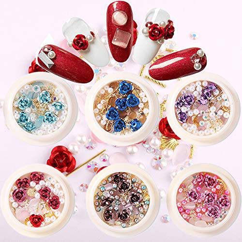 3D Nails Flower Charm Decoration Decals 6 Colors Nails Flower/Pearl Metal Caviar Beads Decals Design Set Nail Jewelry Studs for Women Salon DIY Manicure Accessories Supplies