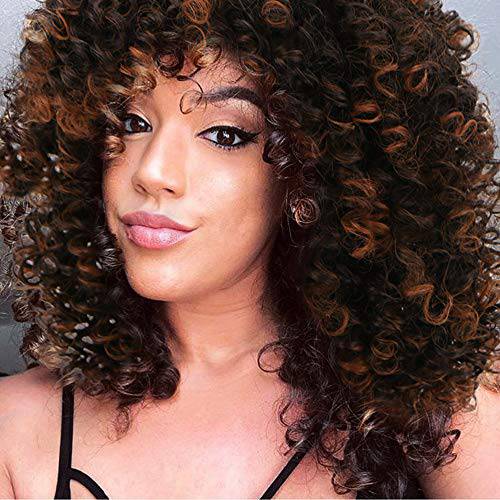 Lativ Curly Wigs with Bangs Natural Black Natural Looking Curly Shag Synthetic Replacement Hair Wig for Women Daily Party Use