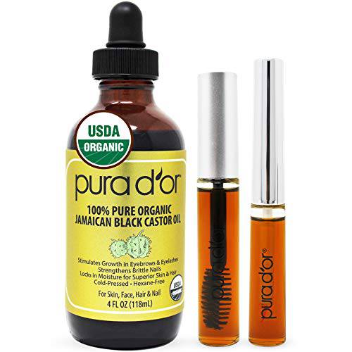 PURA D’OR Organic Jamaican Black Castor Oil, Natural Smoky Scent (4oz + 2 BONUS Pre-Filled Eyelash & Eyebrow Brushes) 100% Pure, Cold Pressed & Roasted, Hexane Free Growth Serum Fuller Lashes & Brows