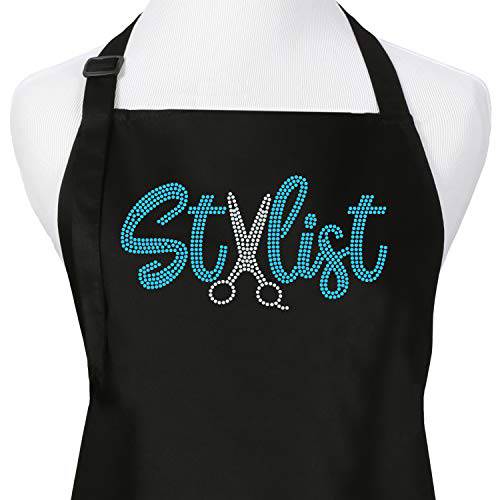 Rhinestone Hair Stylist Salon Apron for Women, Hairdressers, Barbers, Haircutting, Black with 3 Pockets