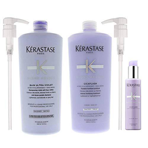 Blond Absolu Bain Ultra-Violet Shampoo & Cicaflash Treatment 34 Oz each with Pumps & Cicaplasme Serum 5.1 Oz